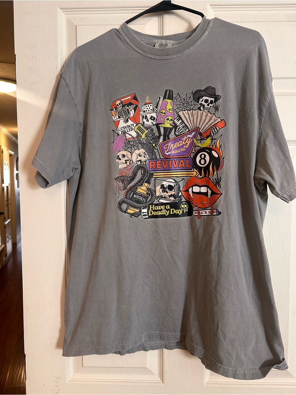 Comfort Colors Gray Graphic Tee with Multicolor Skull & Revival Collage